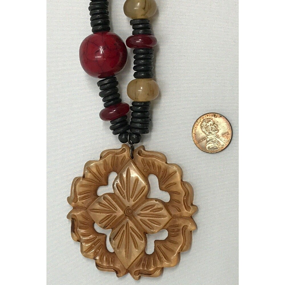 CHICO'S Pendant Necklace Statement Peach Floral Flower Black Red White Beads